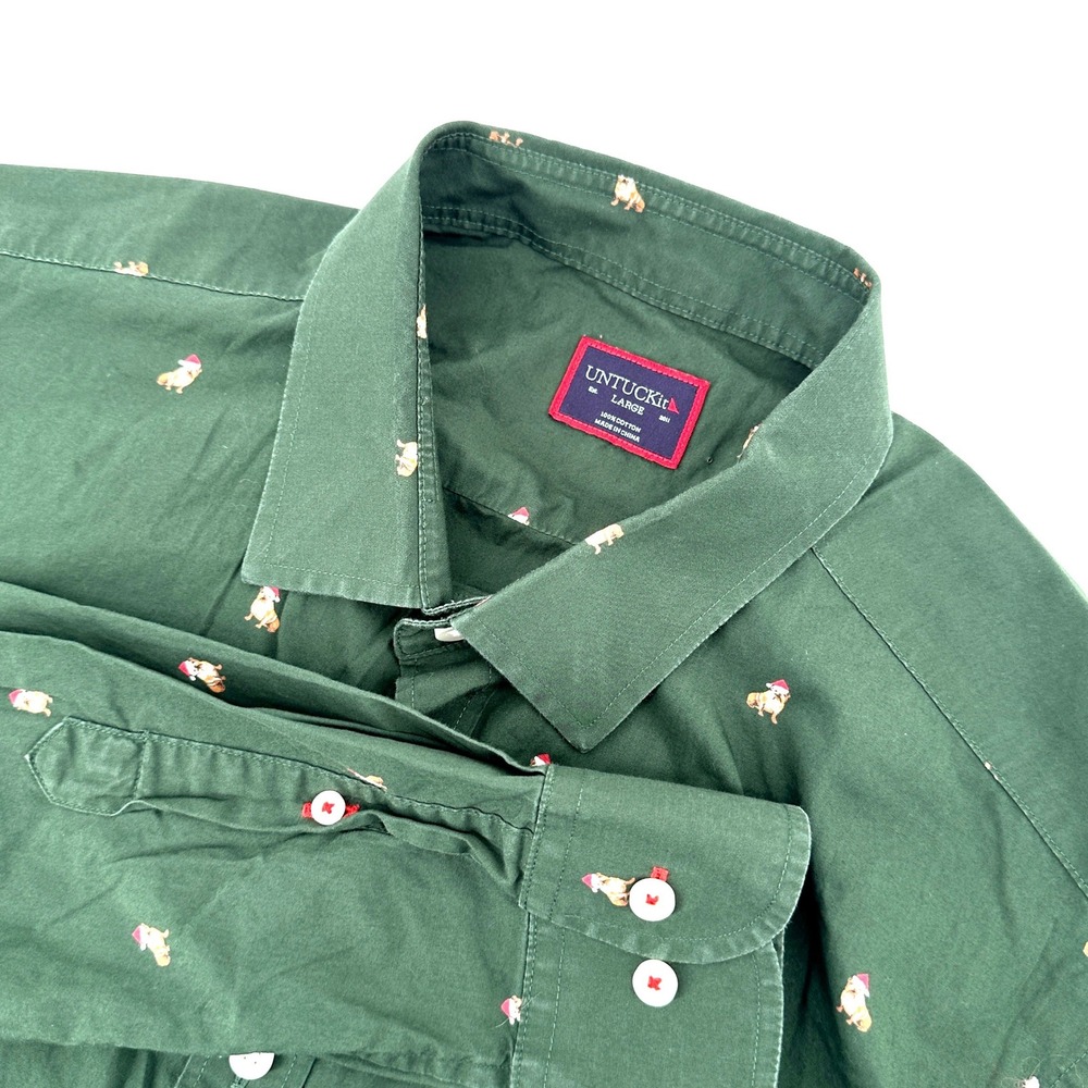 UNTUCKit Shirt Mens Large Green Bulldog Santa Hat Print Long Sleeve Christmas
